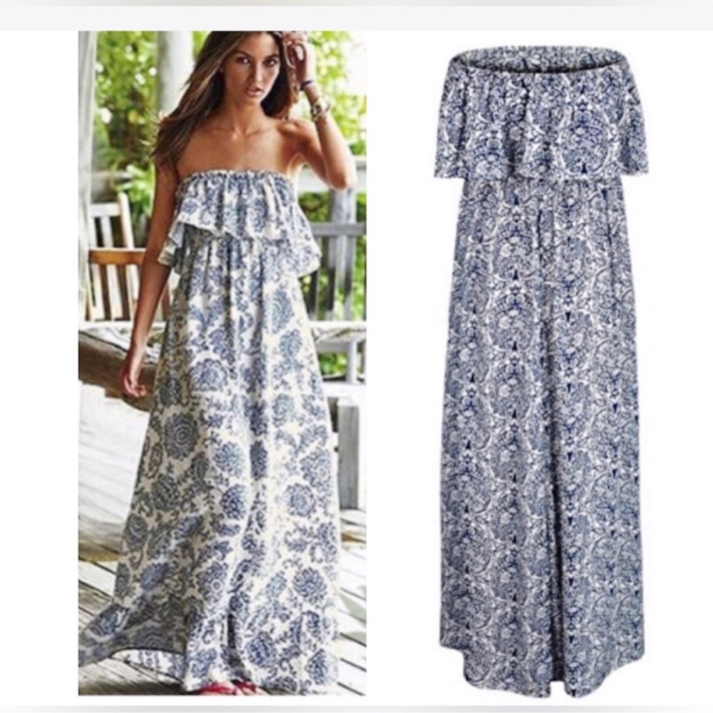 Strapless Ruffle Maxi Dress Size 16 XL Blue & White Rayon Print - Picture 16 of 16